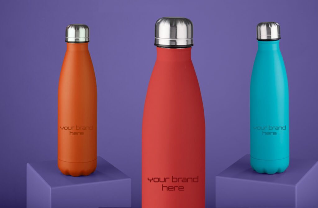 3 branded thermal bottles in different colours