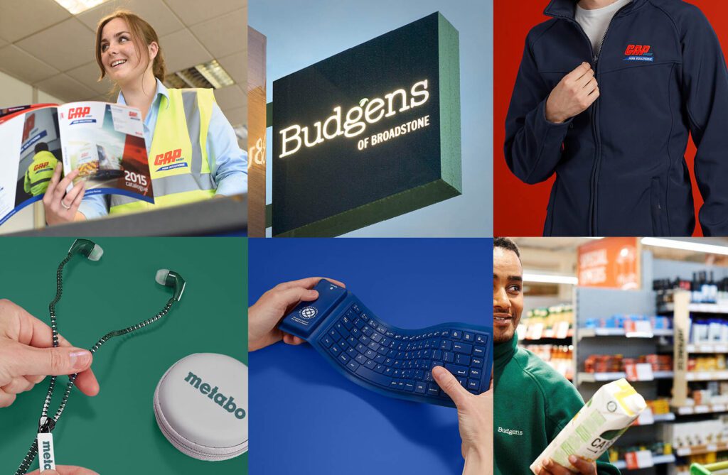 Collage of various images of branded merchandise